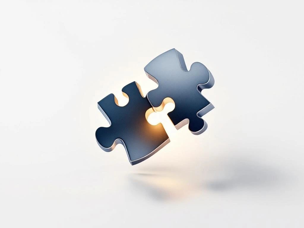 Gouden puzzelstuk straalt in centrum van zilveren metalen puzzel die drijft in witte ruimte, symboliseert interim management expertise