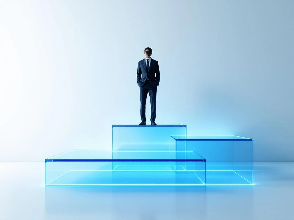 Zakenman in pak staat op verlichte glazen platform, visualiseert bedrijfshiërarchie met drie managementlagen