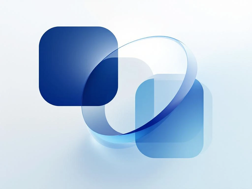 Twee in elkaar grijpende blauwe geometrische vormen met gebogen pijl die overgang in interim management symboliseert