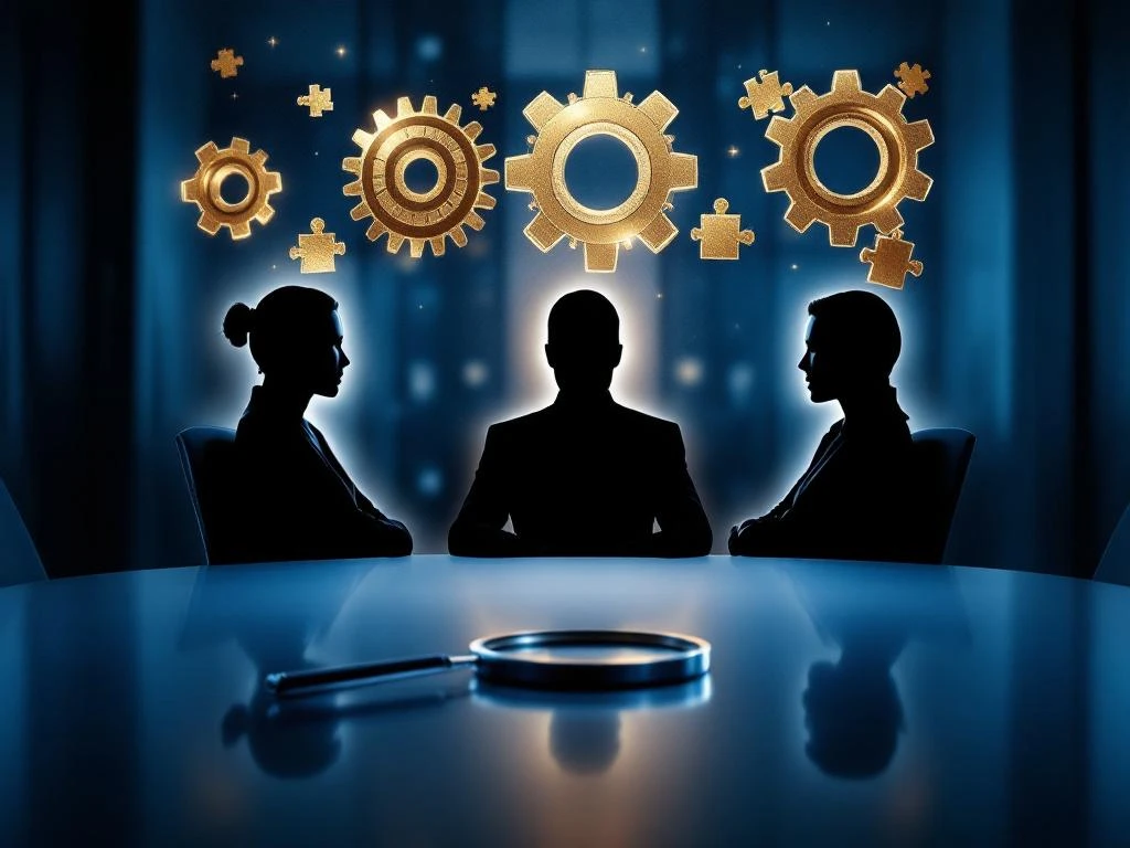 Bestuurskamer met conferentietafel, drie professionele silhouetten van interim managers en gouden tandwielen die organisatorische integratie symboliseren