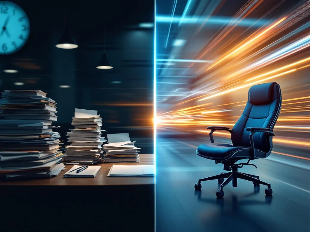 Gesplitst scherm toont traditionele kantoorrommel links versus moderne gestroomlijnde werkruimte rechts voor snelle interim management
