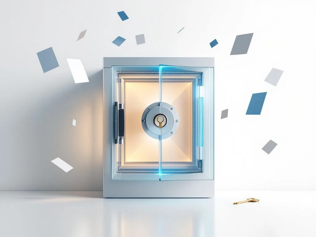 Glazen kluis met blauwe gloed omringd door zwevende documenten en gouden sleutel op witte achtergrond