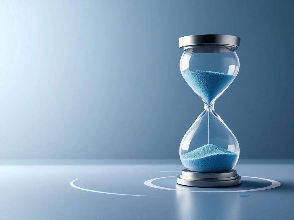 Elegante zandloper met vloeiend zand in corporate blauw-wit tinten op minimalistische achtergrond voor timemanagement