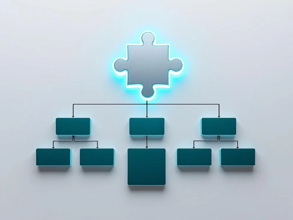 Gloeiend blauw puzzelstuk zweeft boven gestructureerd teamdiagram met geometrische vormen in teal en grijs tinten