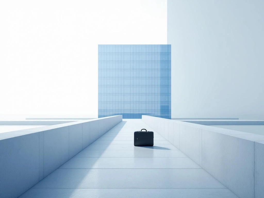 Modern glazen kantoorgebouw met geometrisch pad en aktetas, minimalistische compositie in blauw-grijze tinten