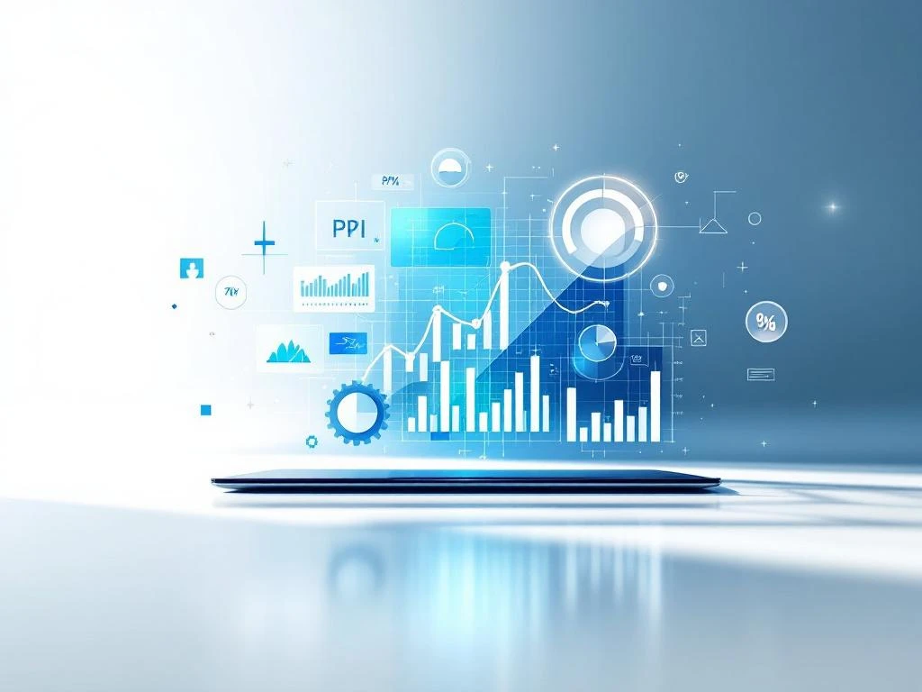 Digitaal dashboard met KPI-pictogrammen en analysevisualisaties op tablet tegen witte achtergrond