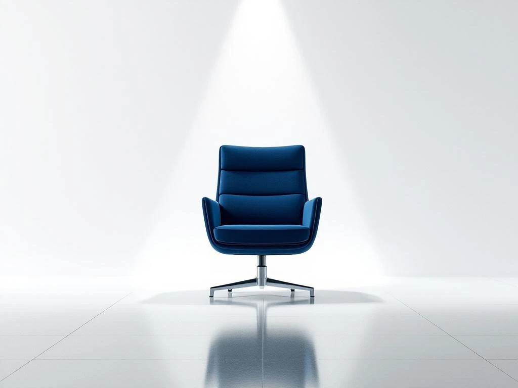 Elegante donkerblauwe directiestoel in minimalistische boardroom met spotlight en abstracte bedrijfselementen