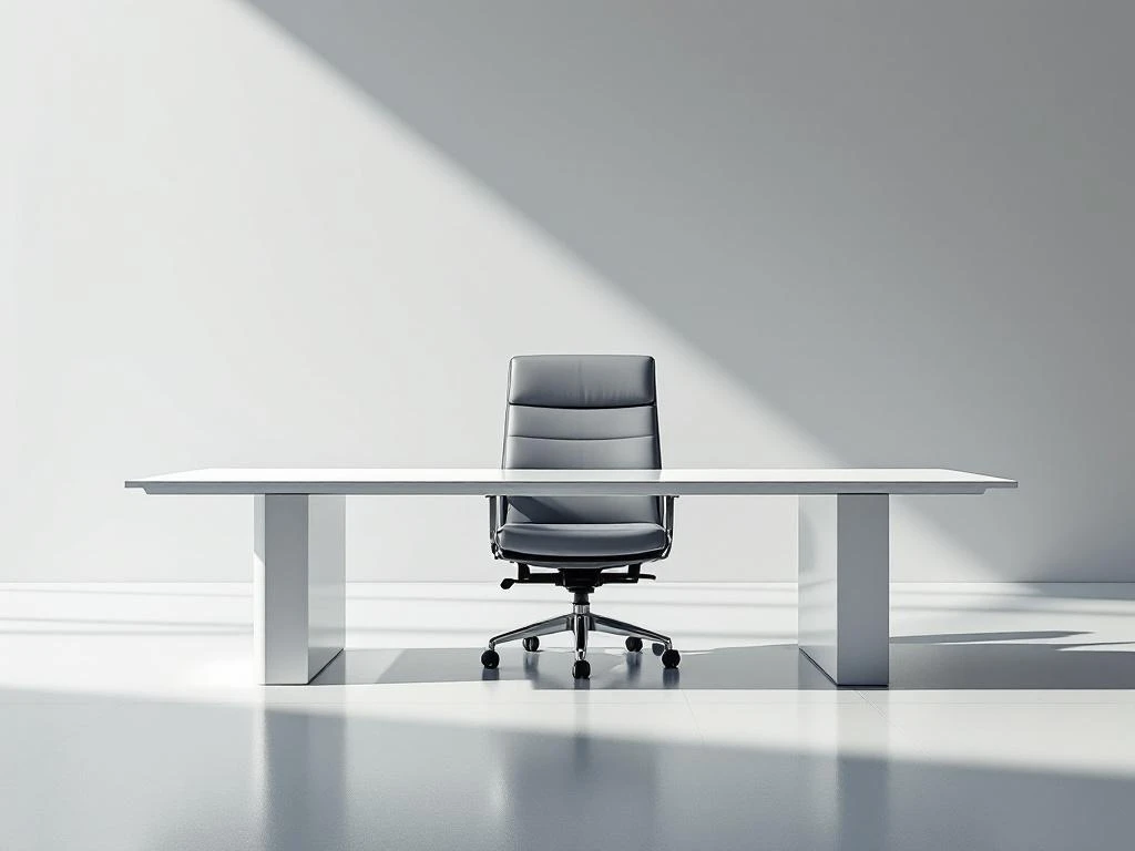 Lege directiestoel aan wit vergadertafel in minimalistische boardroom met chromen details en professionele verlichting