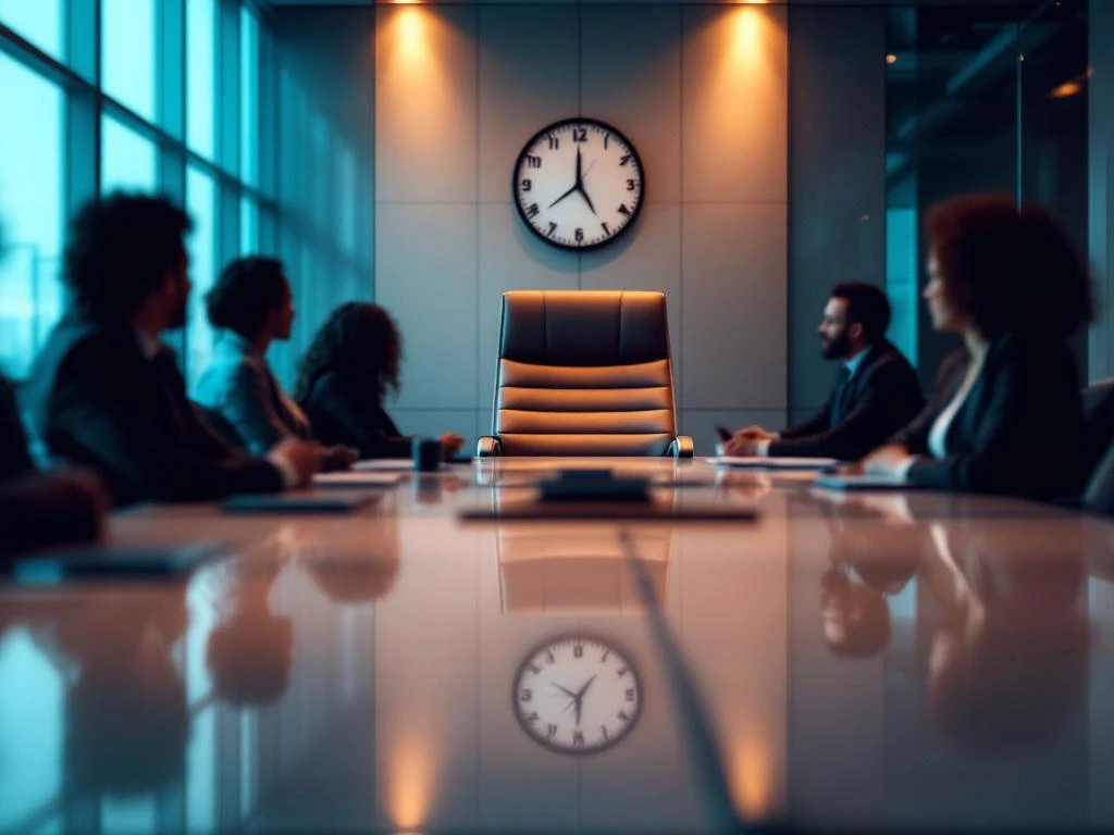 Lege directiestoel aan hoofd van moderne vergadertafel met zakelijke professionals op achtergrond in boardroom