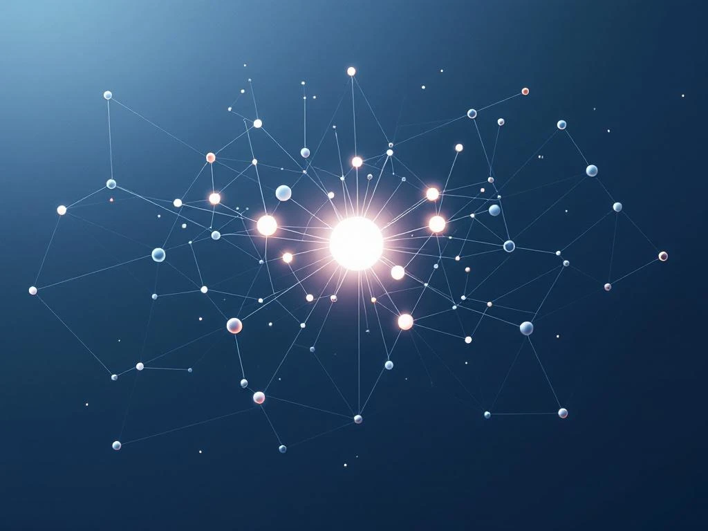 Netwerk visualisatie met geometrische knooppunten en lijnen in marineblauw en grijs op witte achtergrond