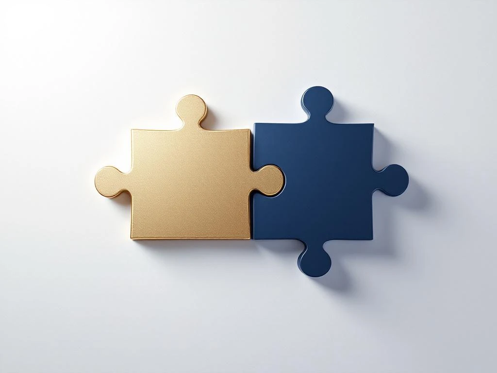 Twee in elkaar grijpende puzzelstukjes in marineblauw en goud tegen witte achtergrond, symboliserend bedrijfsstructuur en cultuur.