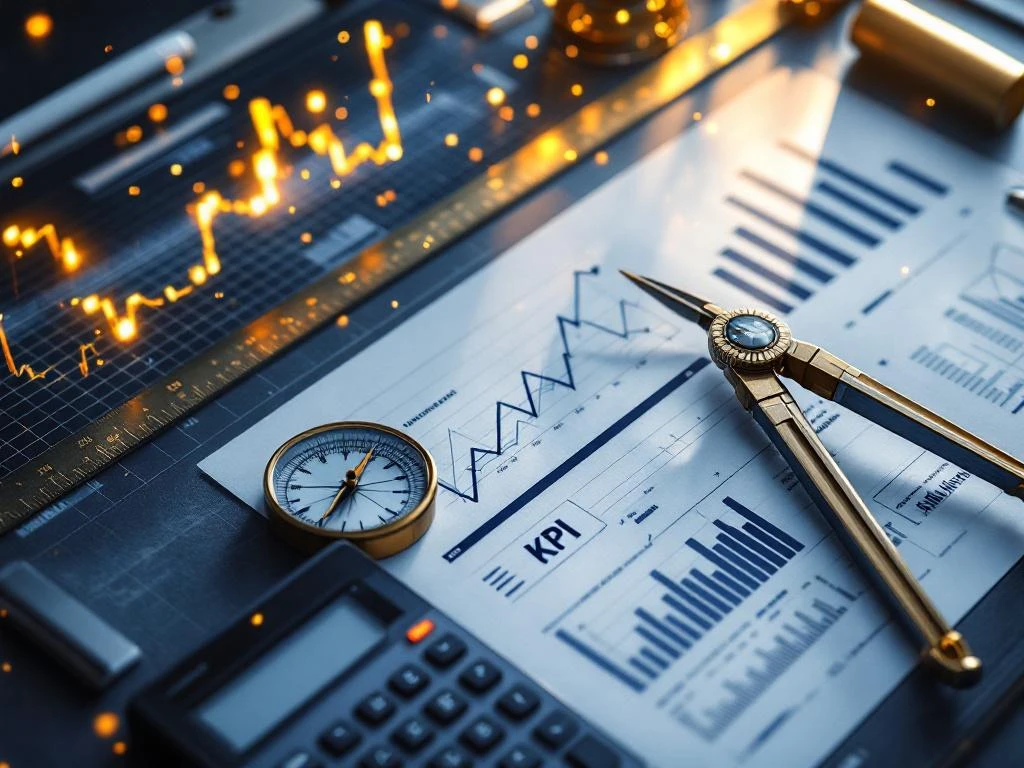 Moderne kantoorbureau van bovenaf met digitale meetinstrumenten, KPI-grafieken en analytische documenten in blauw-gouden tinten
