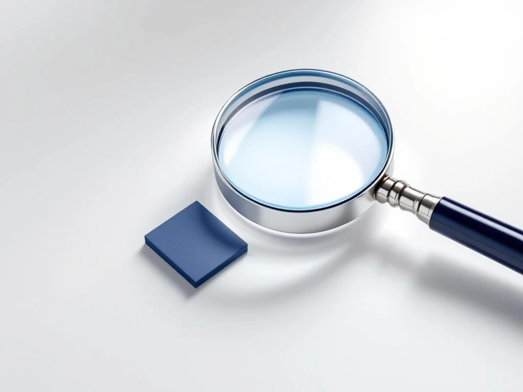 Vergrootglas met blauwe gloed boven geometrische vormen in marineblauw en zilver op witte achtergrond