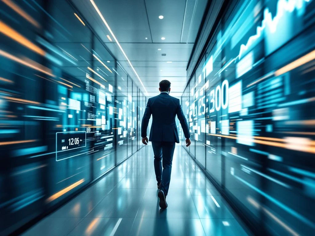 Zakenman in pak loopt snel door moderne glazen kantoorgang met bewegingsonscherpte en digitale klokken op achtergrond