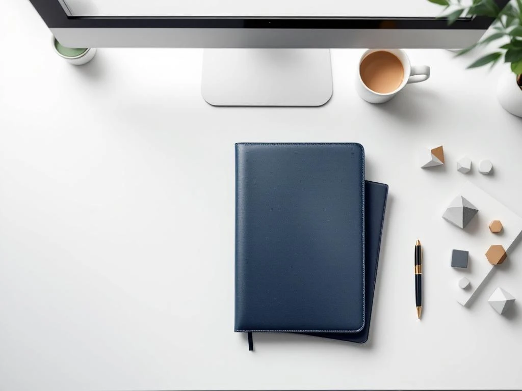 Modern bureau van bovenaf met leren portfolio, pen en geometrische vormen voor sollicitatietraining