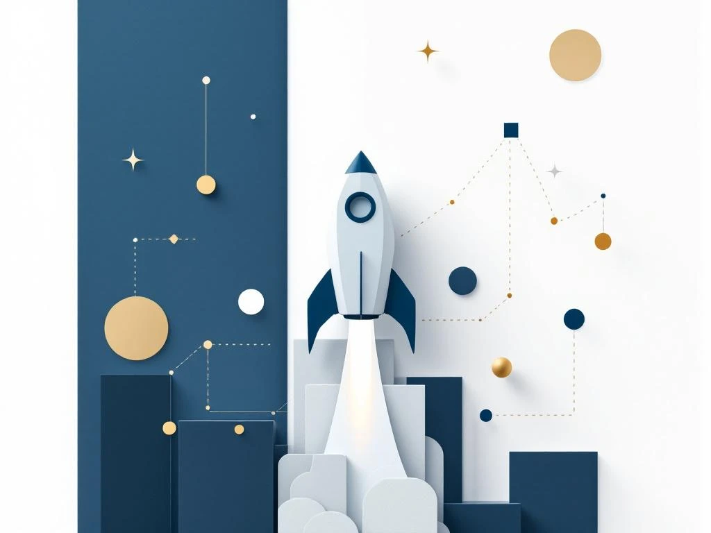 Geometrische raket die opwaarts vliegt vanuit gestileerd bedrijfsgebouw met stippellijn traject op witte achtergrond