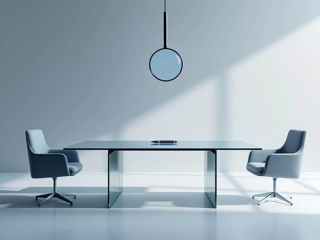 Moderne glazen vergadertafel met pen en lege stoelen, vergrootglas erboven symboliseert zorgvuldige selectie en evaluatie