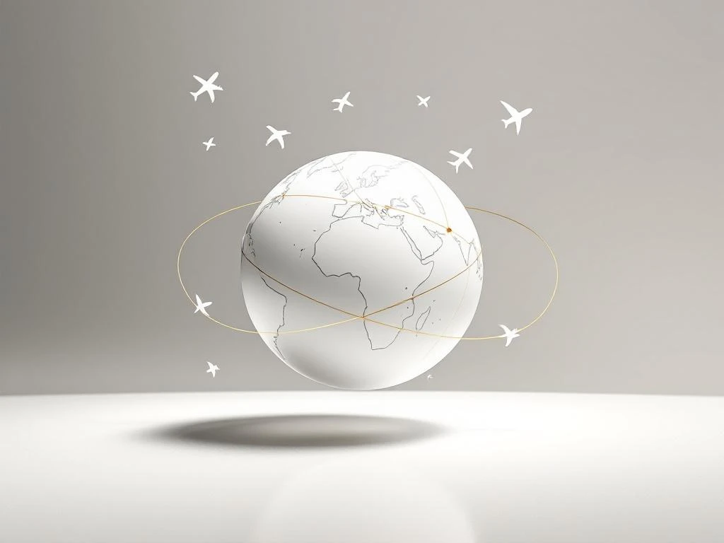 Witte wereldbol met gouden continentlijnen en vliegtuigsilhouetten die vliegroutes tonen tegen grijze achtergrond