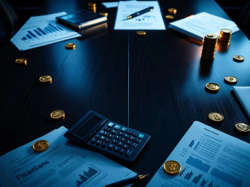 Donkere houten bestuurstafel van bovenaf met financiële documenten, rekenmachine, vulpen en gouden munten