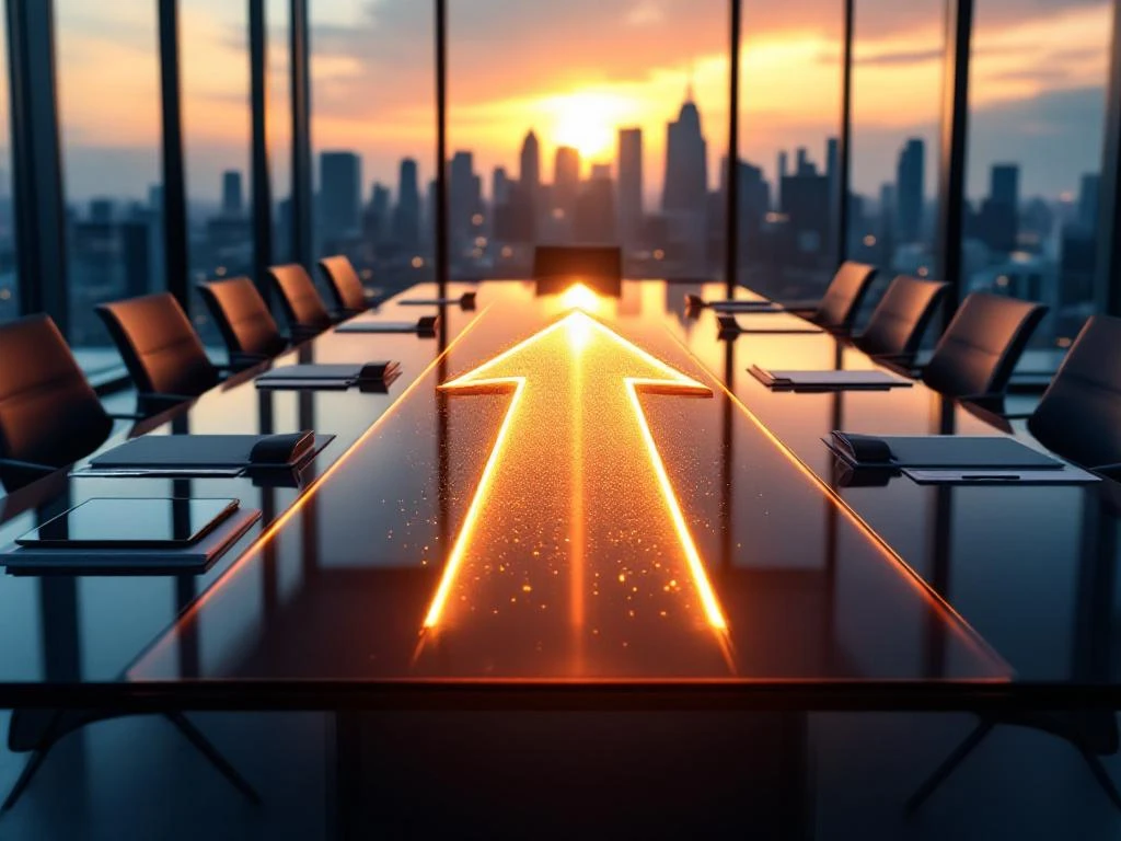Moderne bestuurskamer met glazen vergadertafel en gouden lichtpijl die opwaartse groei symboliseert, stadsgezicht op achtergrond