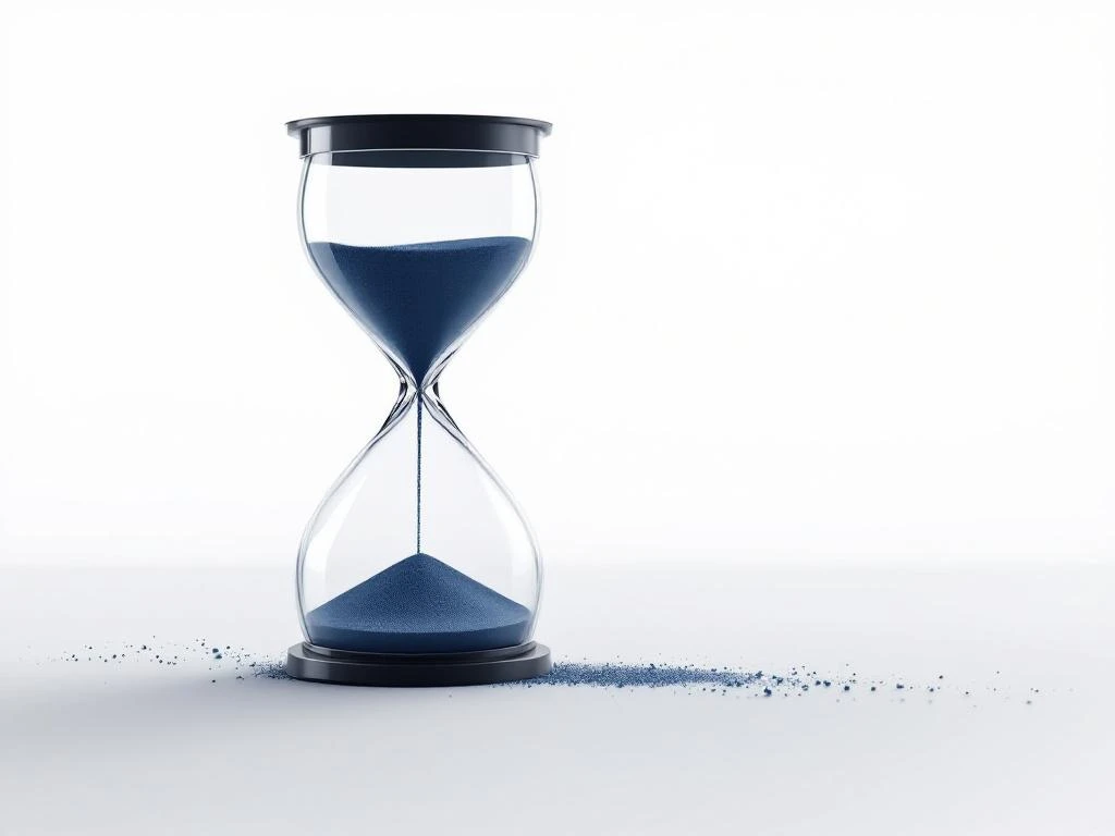 Moderne zandloper in marineblauw en zilver met vloeiend zand tegen witte achtergrond, symboliseert tijd en besluitvorming