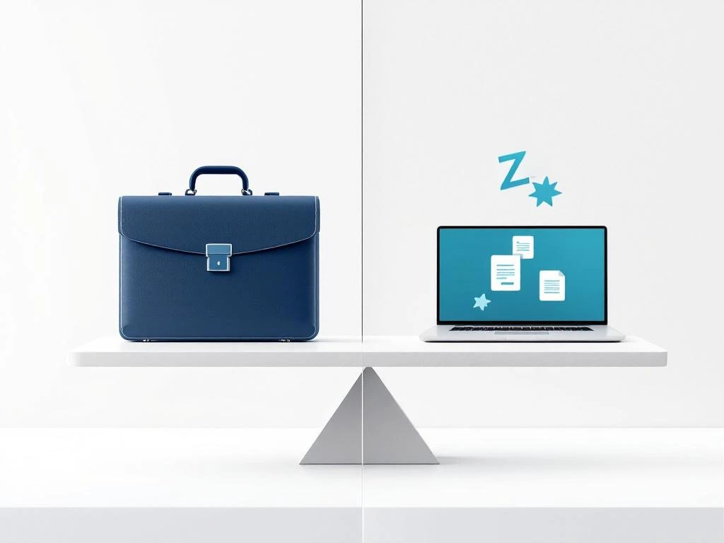Weegschaal balanceert donkerblauwe koffer (traditioneel werk) en laptop met documenten (ZZP freelance) op witte achtergrond