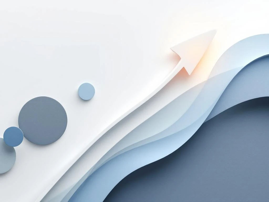 Geometrische pijl van witte lijnen in blauwe tinten die opwaarts beweegt, met cirkels en rechthoeken op witte achtergrond.