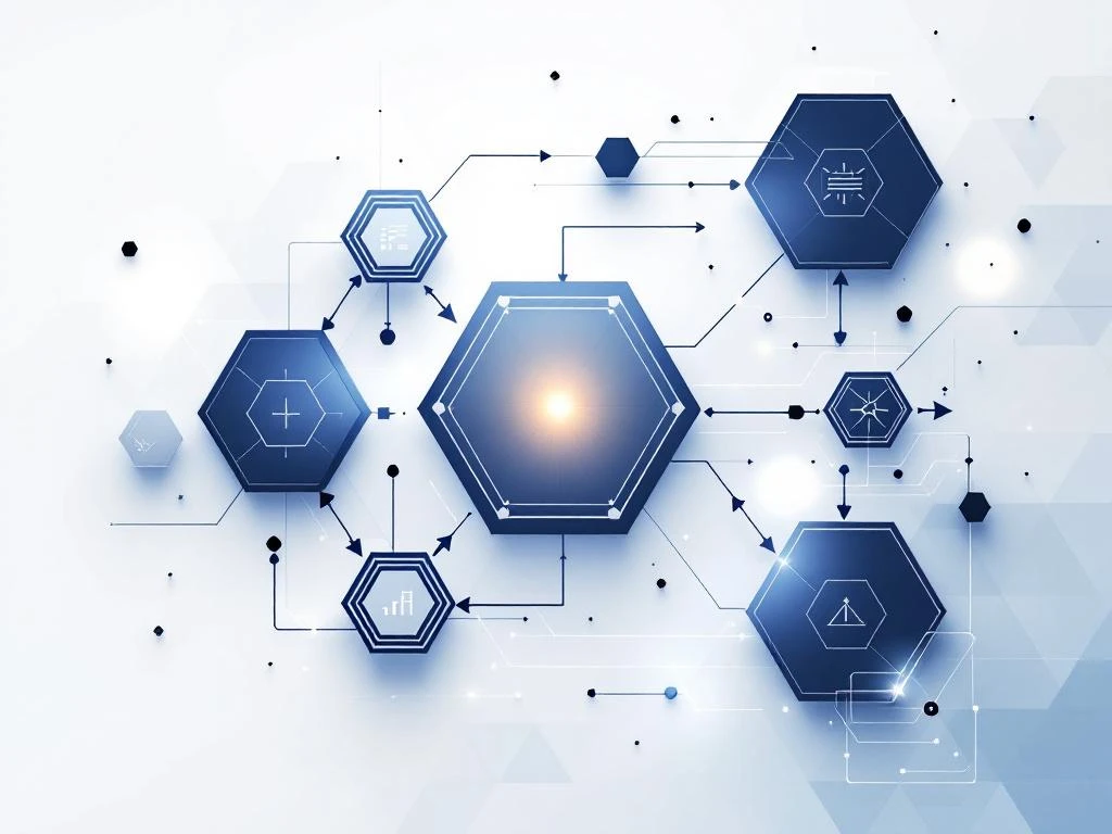 Minimalistische zakelijke procesflow met zeshoekige vormen en pijlen in marineblauw en zilver op witte achtergrond