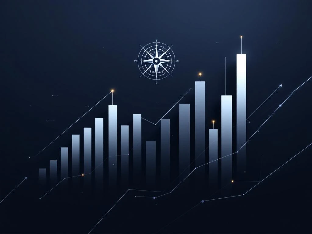 Dashboard met stijgende grafieken en kompas symbool in navy blauw en zilver voor data-analyse en prestatiemetingen