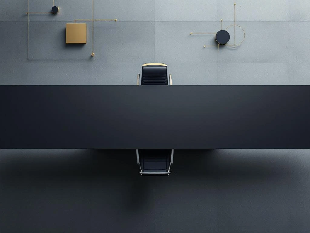 Lege directiestoel aan het hoofd van een bestuurskamertafel, gezien van bovenaf met geometrische vormen en gouden accenten