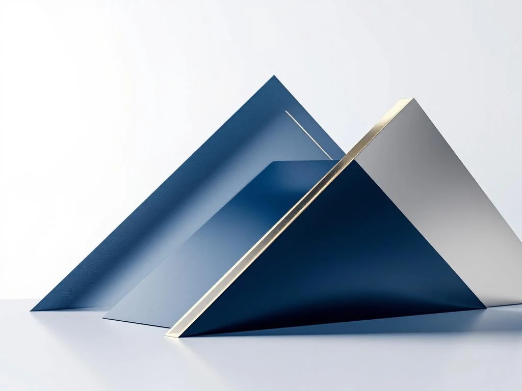 Geometrische piramide in marineblauw en zilver met gouden accenten tegen witte achtergrond, symboliseert zakelijke groei