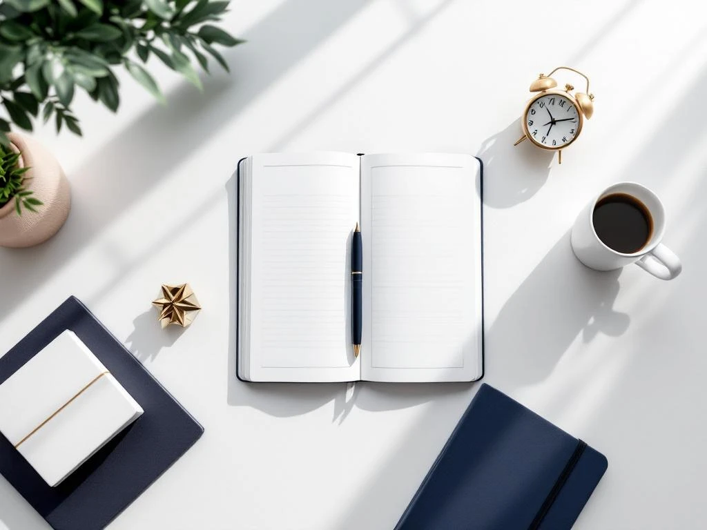 Minimalistisch kantoorbureau van bovenaf met pen, notitieboek en klok op wit oppervlak met navy en gouden accenten