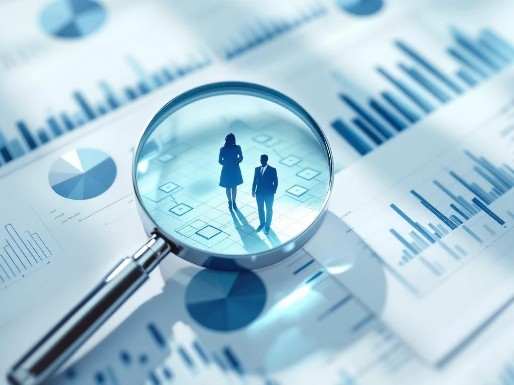 Chromen vergrootglas over bedrijfsorganisatieschema's met blauwe executive silhouetten op witte achtergrond