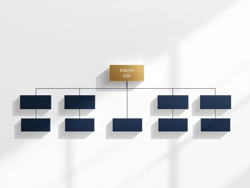 Organisatieschema met gouden accent voor interim GM positie, navy blauwe lijnen en zilveren verbindingen op witte achtergrond