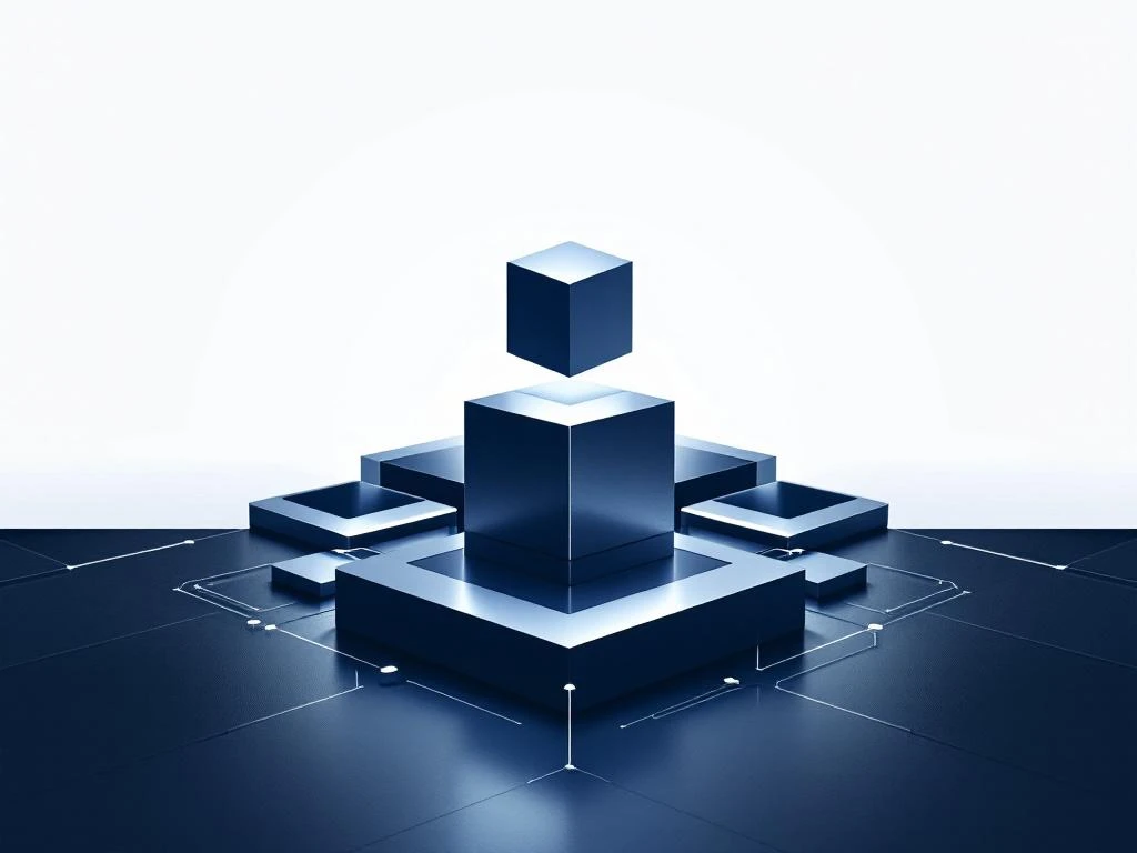 Geometrische netwerkstructuur met verhoogde zeshoekige node in marineblauw en zilver, symboliseert IT-leiderschap