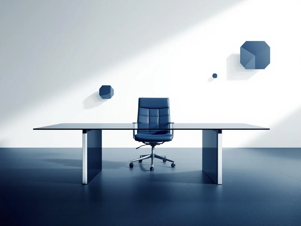 Glazen vergadertafel met directiestoel in minimalistische kantooromgeving met marineblauw en zilver accenten