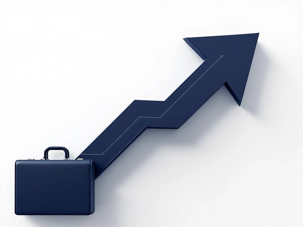 Marineblauwe pijl wijst omhoog naast zakelijke grafiek en aktetas op witte achtergrond voor interim sales leiderschap