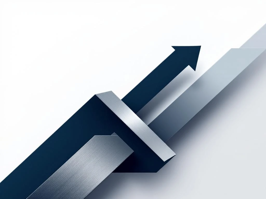 Abstracte geometrische vormen in marineblauw en zilver die carrièregroei en leiderschapsexpertise symboliseren
