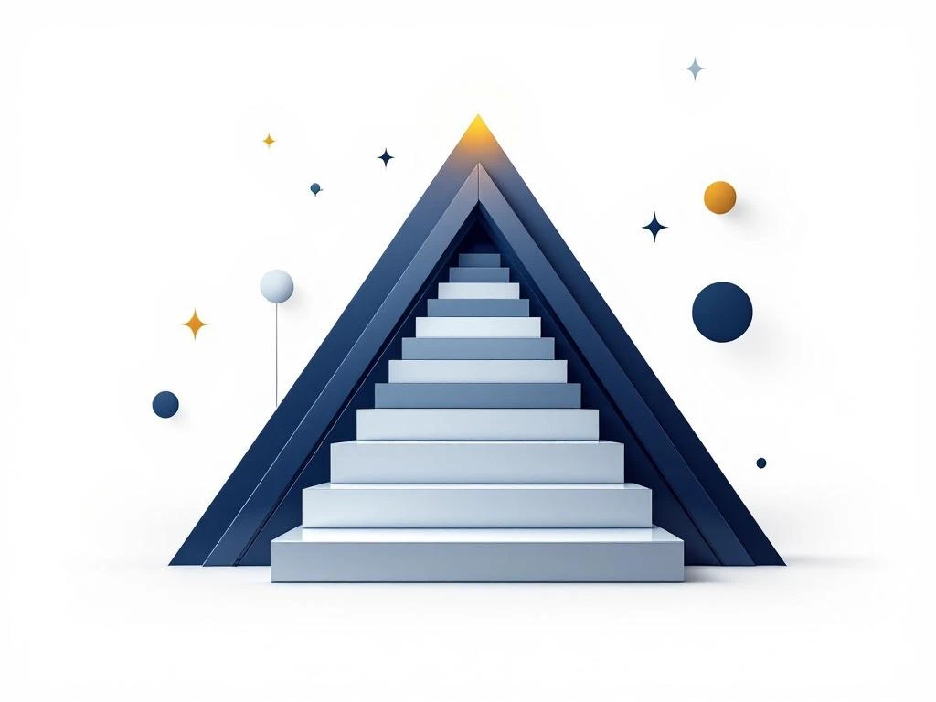 Geometrische piramide in marineblauw en zilver met gouden accent, omringd door cirkels en driehoeken op witte achtergrond