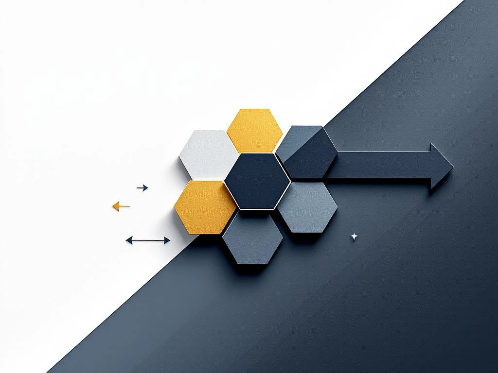 Geometrische transformatiesymbool met zeshoekige vormen die veranderen van grijs naar goud, met pijlen voor organisatieverandering