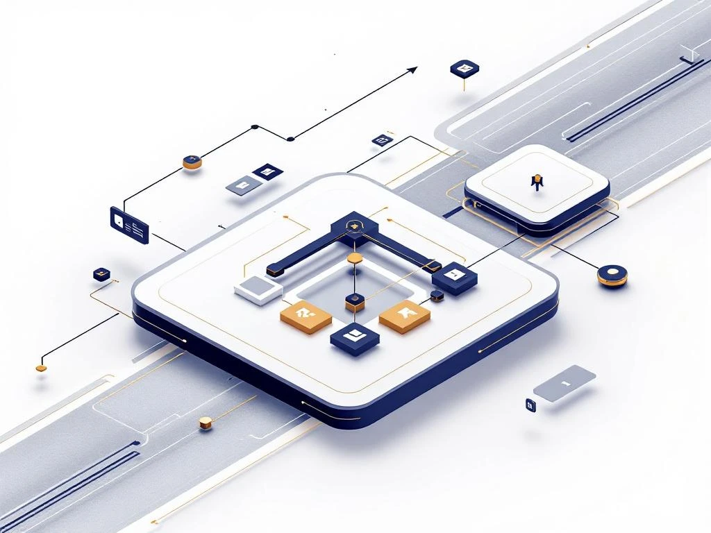 Organisatieschema met geometrische lijnen en knooppunten in marineblauw en goud op witte achtergrond