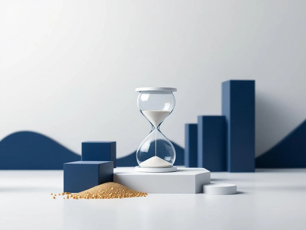 Elegante zandloper met stromend zand dat overgaat in geometrische blokken, symboliseert bedrijfstransformatie op witte achtergrond